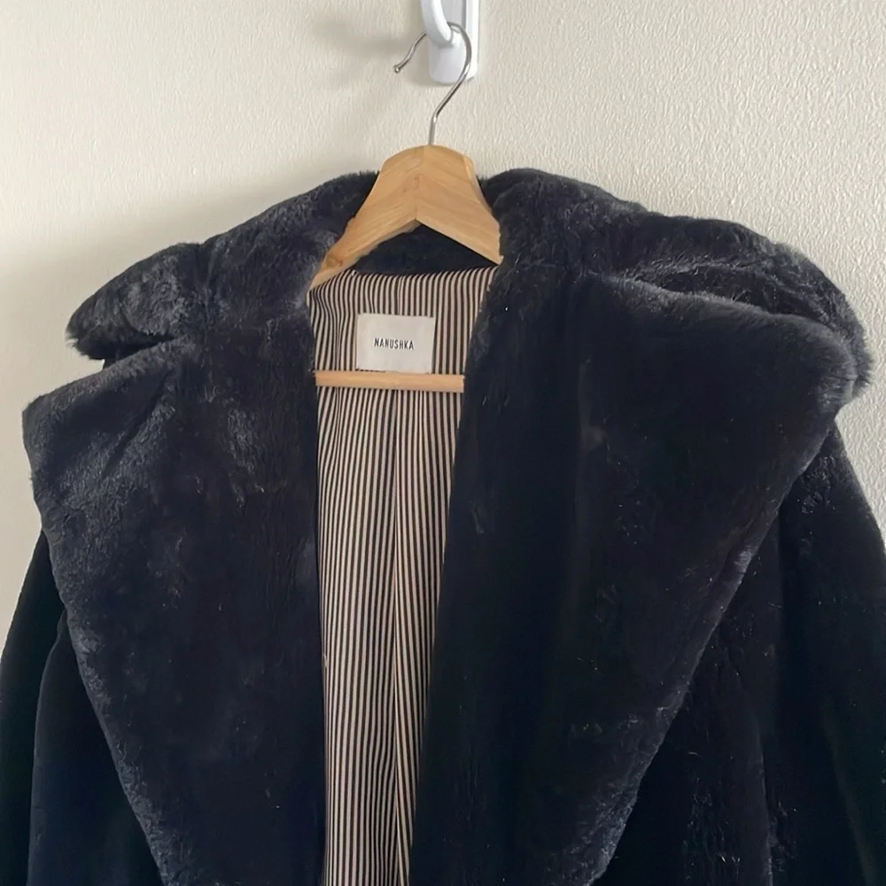 Nanushka Faux Fur Coat Longline Quiet Luxury Medium‎ Oversized Lined Black